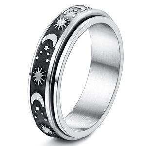 316L Stainless Silver Sun Moon & Stars Fidget Anxiety Stress Relieving Spin Ring